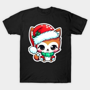 Cute Adorable Chibi Kawaii Baby Fox Wearing Red Christmas Hat T-Shirt